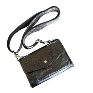 The Sak Crossbody Bag Womens Small Black Leather Embossed Floral Magnetic Snap